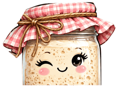 Doughcee Dough, our winking sourdough starter mascot